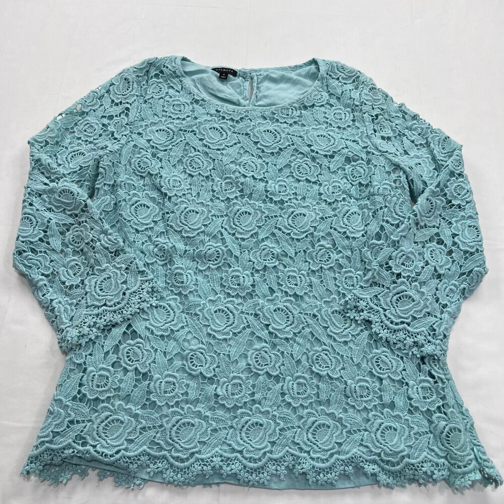 Talbots Vintage Light Blue eyelet blouse shirt Women's size 4 3/4 Sleeve Lined